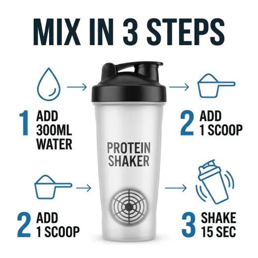 KI-generiertes Amazon-Listing-Bild: Protein-Shaker mit Anleitung in drei Schritten