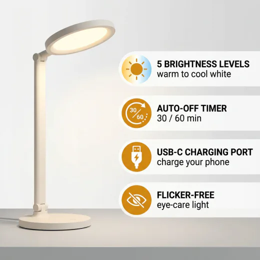 KI-generiertes Amazon-Listing-Bild: Schreibtischlampe mit Benefit-Infografik
