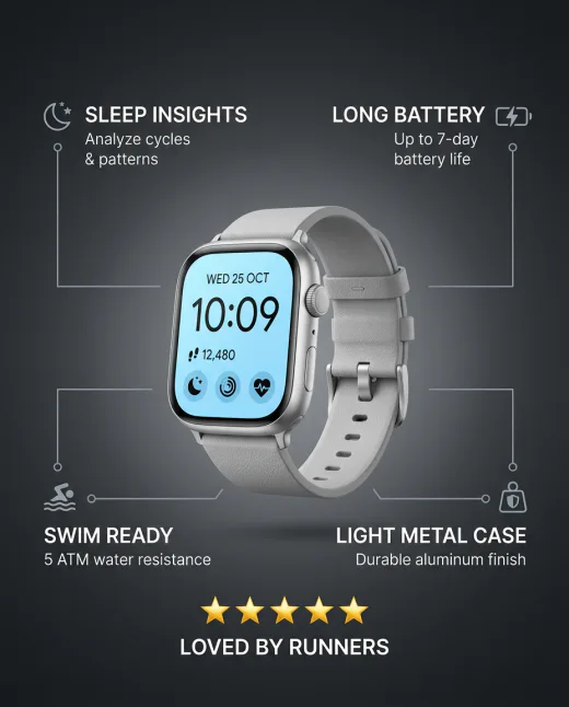 KI-generiertes Social Ad: Smartwatch mit Feature-Callouts und Bewertung