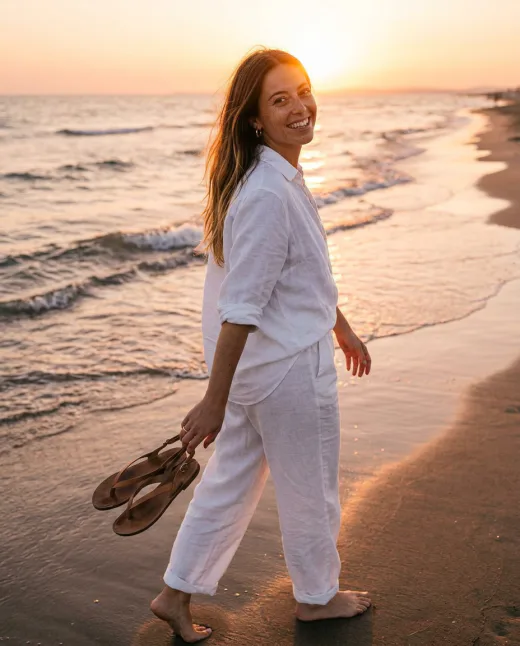 KI-Influencerin am Strand bei Sonnenuntergang