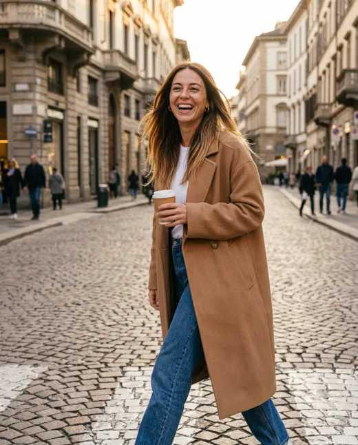 KI-Influencerin im Streetstyle beim Überqueren einer Straße