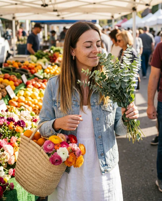 KI-Influencerin auf dem Wochenmarkt mit Blumenkorb