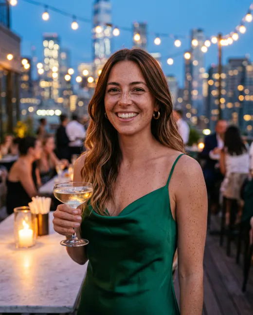KI-Influencerin im Abendkleid auf Rooftop-Event
