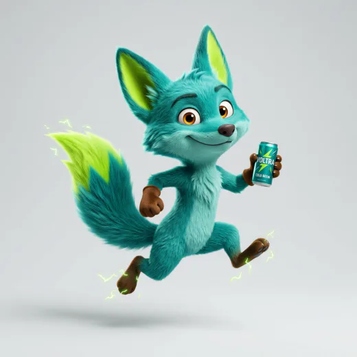 KI-generiertes 3D-Firmen-Maskottchen: Fuchs-Charakter im Pixar-Stil passend zur Markenwelt