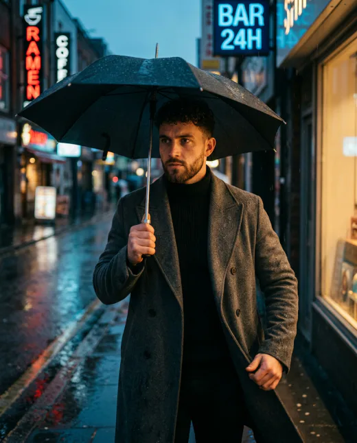 KI-generiertes Editorial-Modelbild: Mann mit Schirm im Regen, Cinematic Look