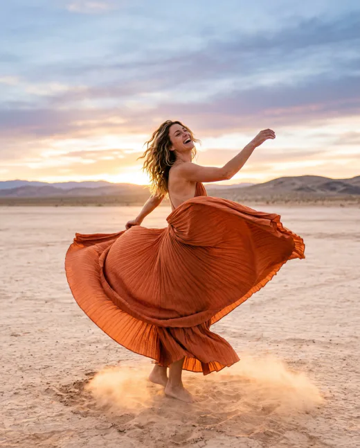KI-generiertes Editorial-Modelbild: Frau im wehenden Kleid in der Wüste, eingefrorene Bewegung