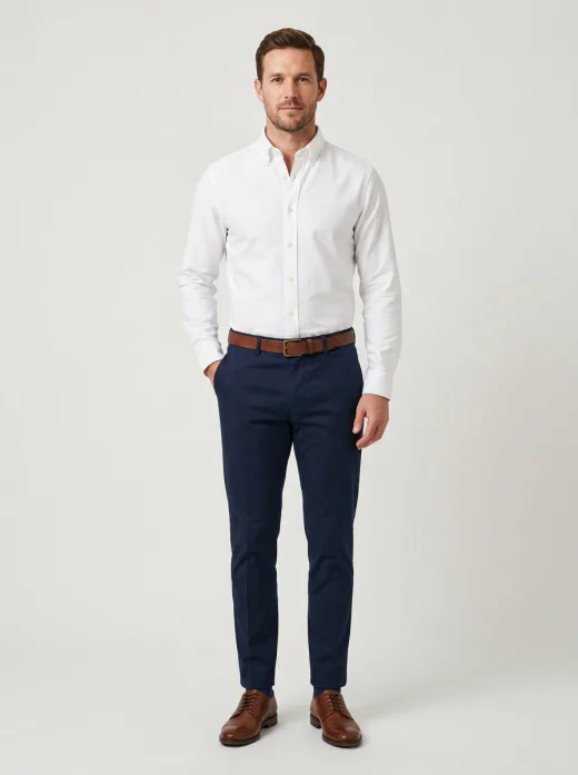 KI-generiertes Shop-Modelbild: Mann in Oxford-Hemd und Chino im Studio