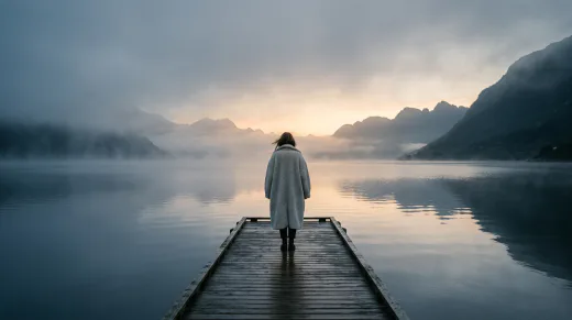 KI-generiertes Moodbild: Frau im Wollmantel am nebligen Fjord