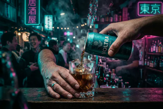 KI-generiertes Moodbild: Cold-Brew-Dose in Neon-Bar bei Nacht