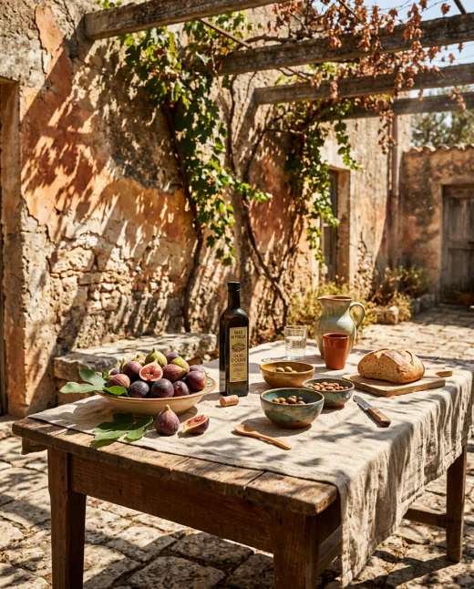 KI-generiertes Moodbild: mediterraner Innenhof mit harten Schatten