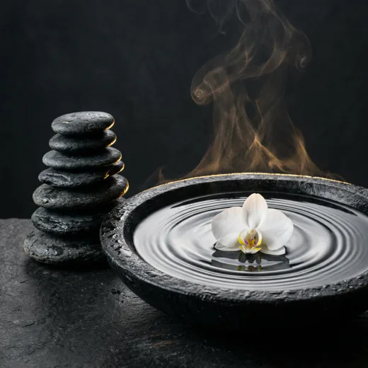 KI-generiertes Moodbild: Spa-Stillleben mit Wasserringen und Dampf