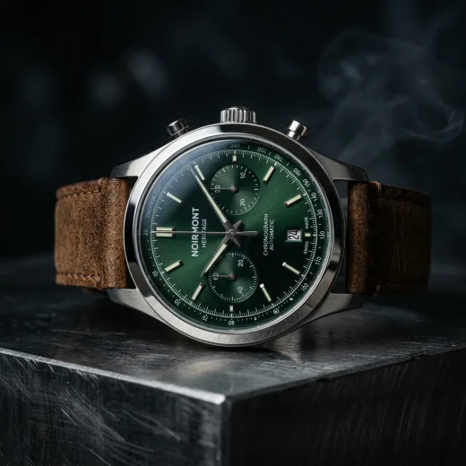 KI-generiertes Produktbild: Chronograph mit grünem Zifferblatt, Low-Key-Makro