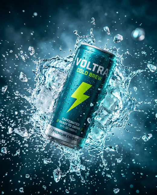 KI-generiertes Produktbild: Getränkedose durchbricht Eiswürfel-Wand, High-Speed