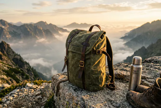 KI-generiertes Produktbild: Canvas-Rucksack auf Felsvorsprung über Bergtal